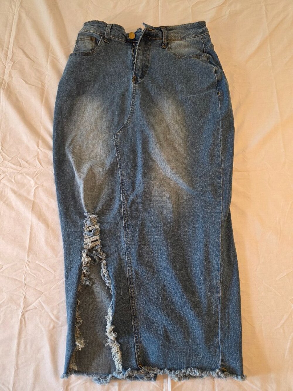 Denim Midi Skirt Irregular Distressed Blue Medium Unbranded